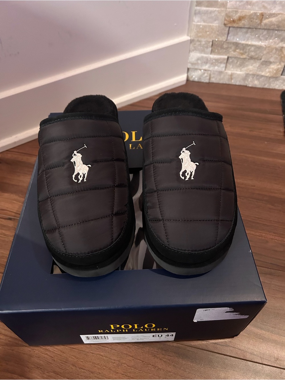 Polo by Ralph Lauren Black Quilted Slip-On Loafers with White Logo